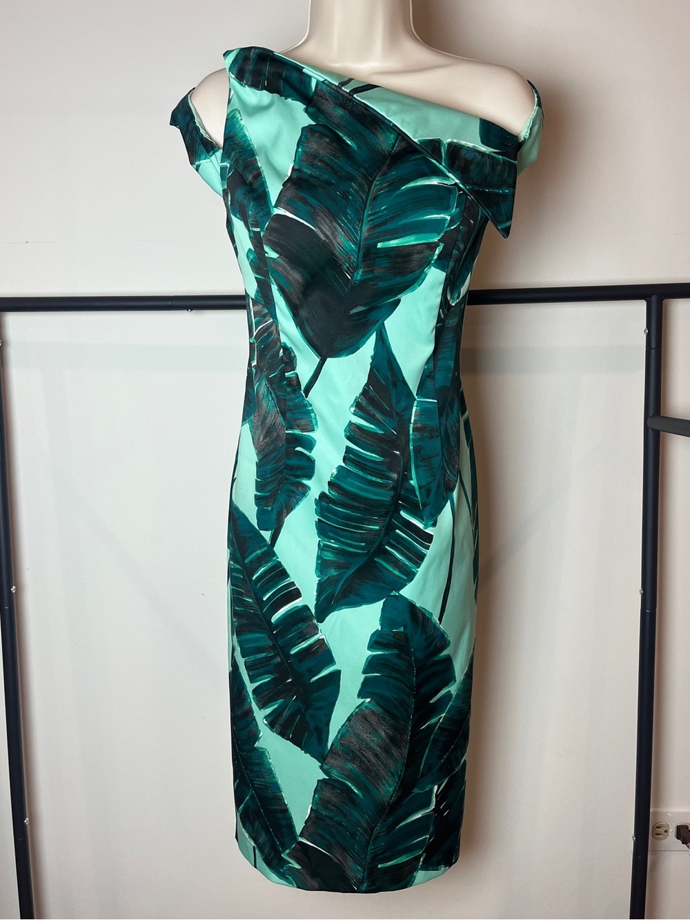 ASOS One-Shoulder Midi Tropical Leaf Sheath Dress 8 Formal Wedding Beach